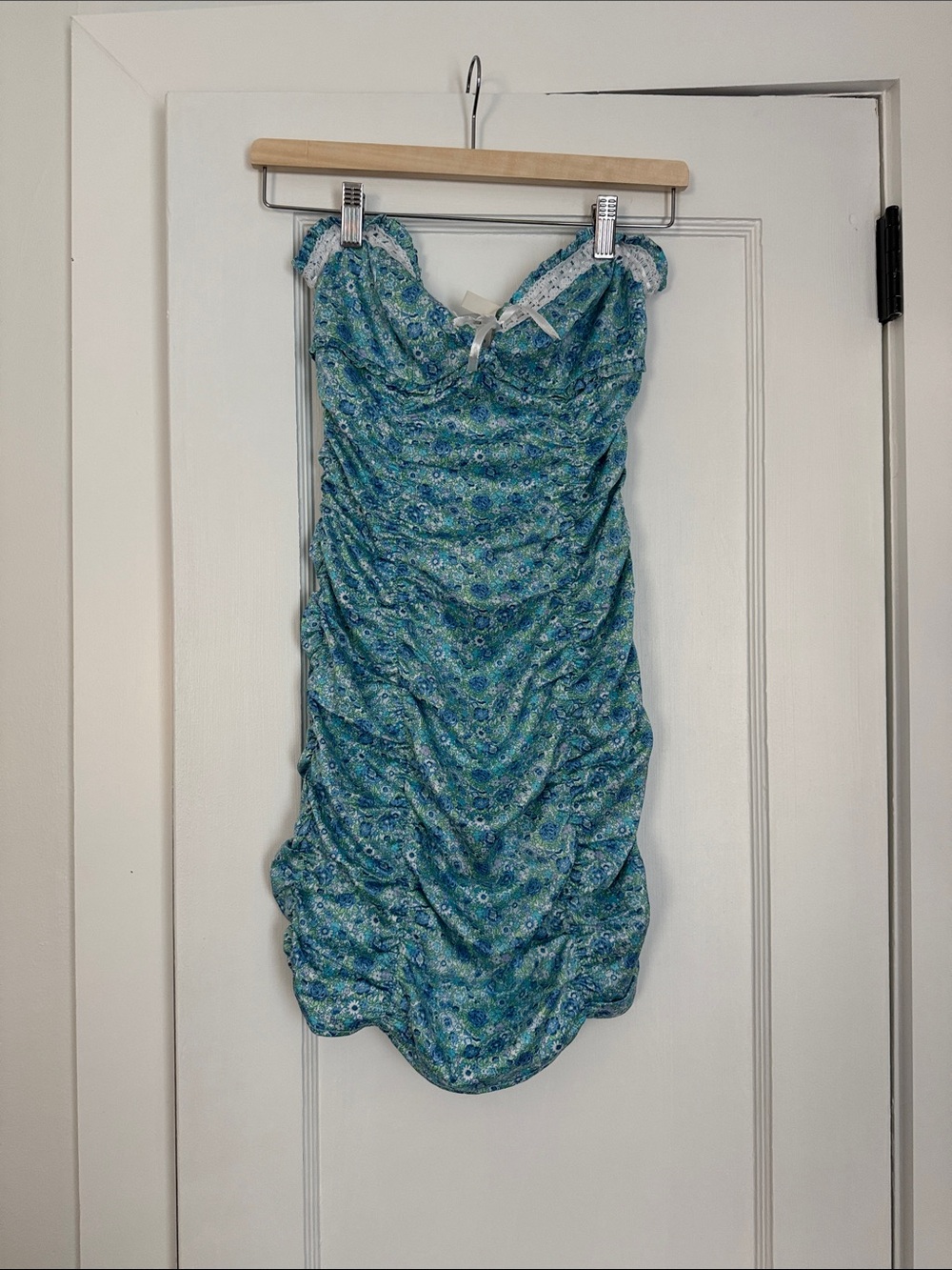 For Love and Lemons Blue Floral Ruched Strapless Dress